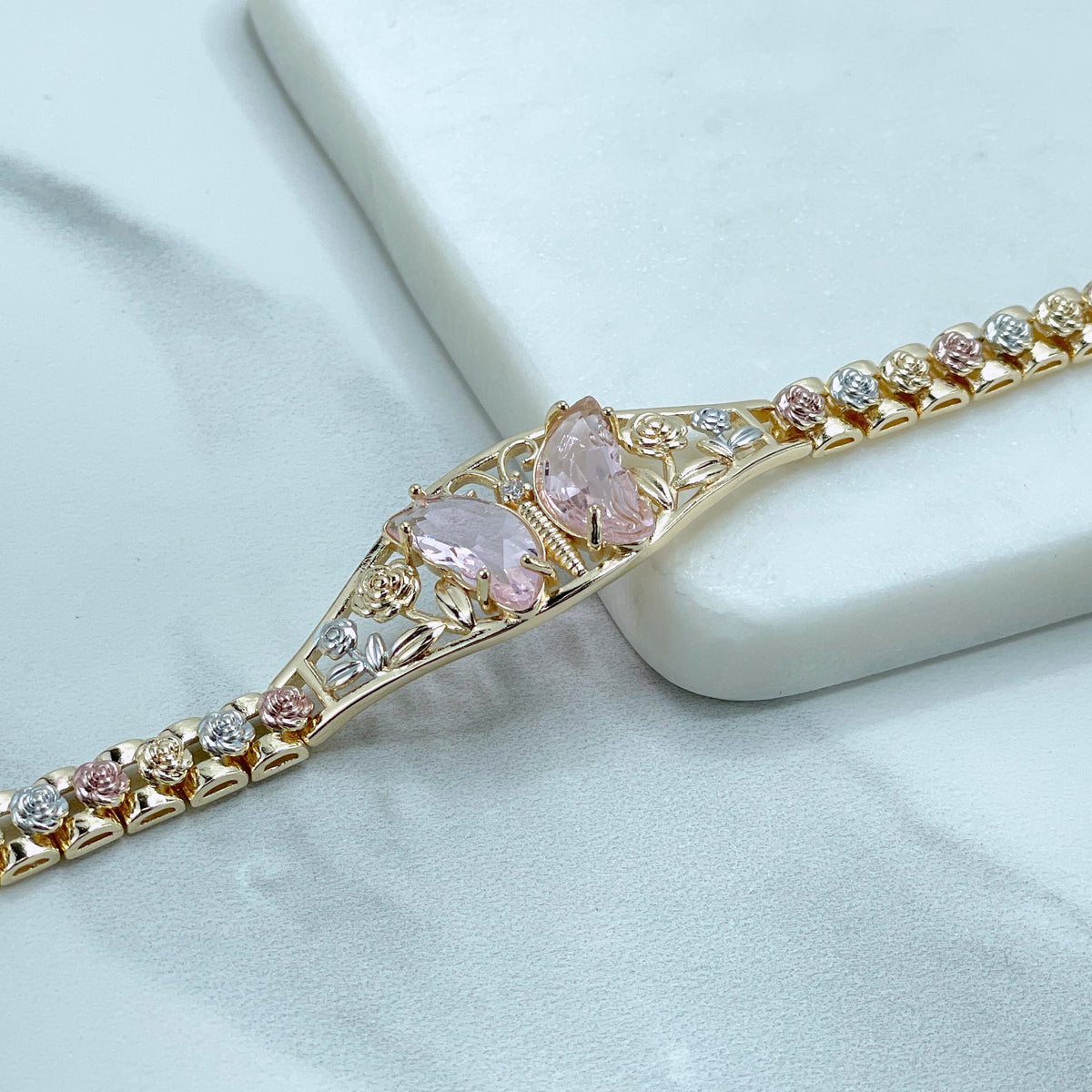 18k Gold Filled Three Tone Rose Flowers, Red or Old Pink Zirconia Butterfly, Bracelet, Wholesale and Jewelry Supplies