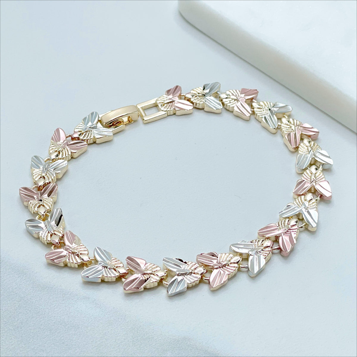 18k Gold Filled Three Tone Texturized Butterfly 8 inches Bracelet Wholesale Jewelry Making Supplies