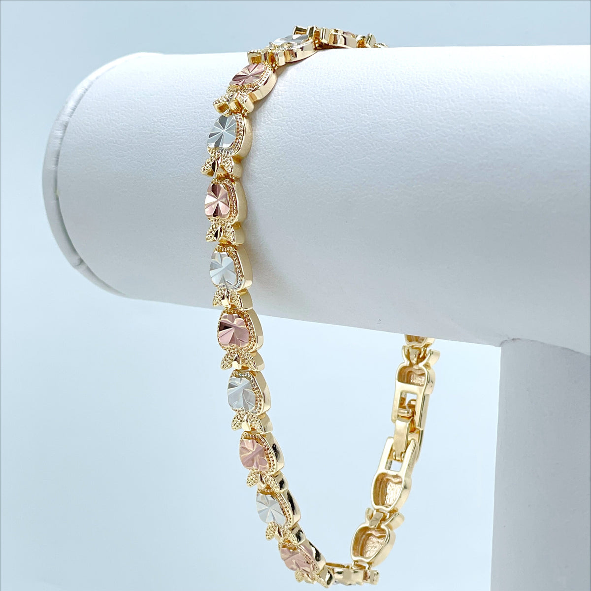 18k Gold Filled Three Tone, Tri Tone, Texturized Apple Charms Linked Bracelet, Wholesale Jewelry Making Supplies