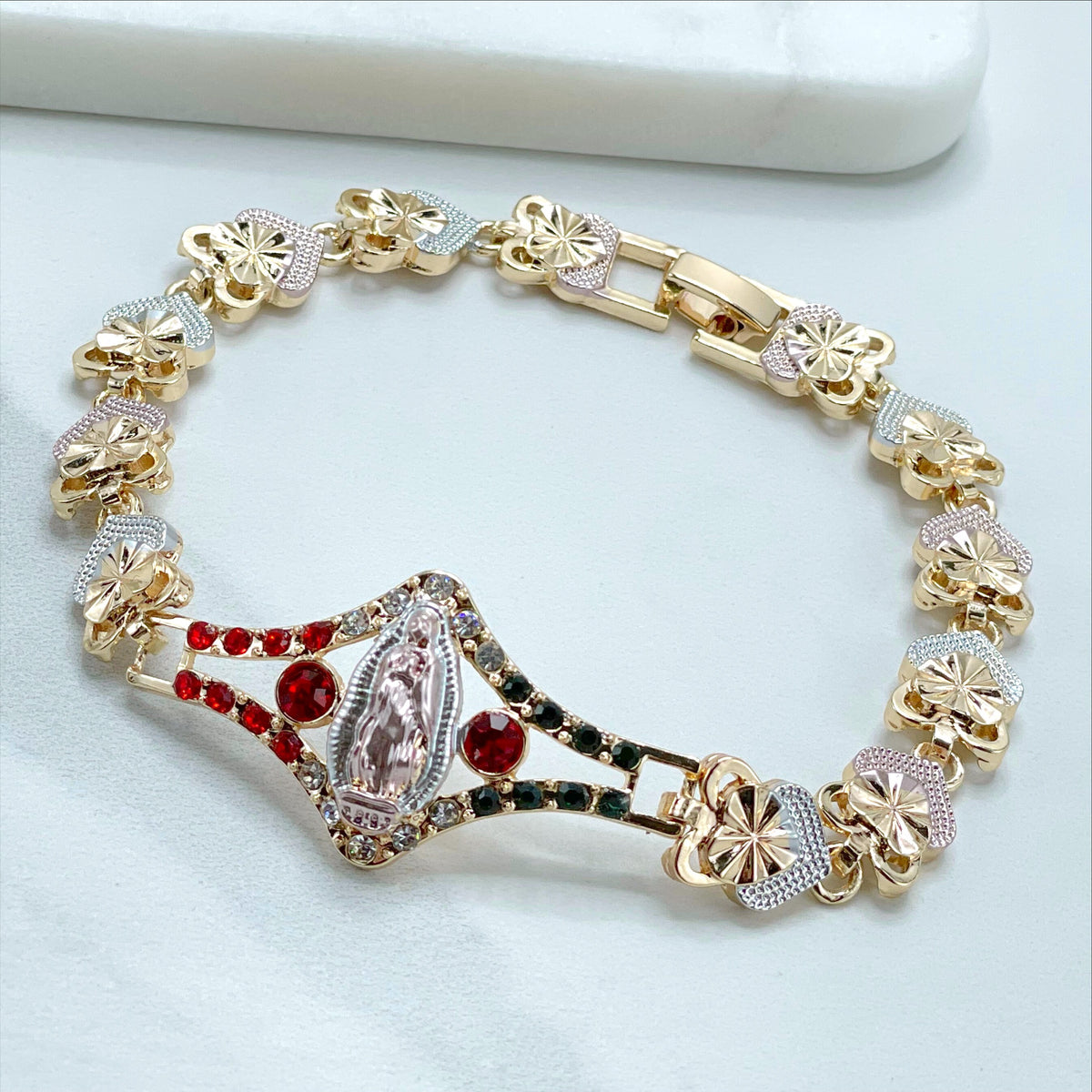 18k Gold Filled Three Tone Rose Hearts, Red, White and Green Zirconia, Guadalupe Virgin Bracelet, Wholesale and Jewelry Supplies
