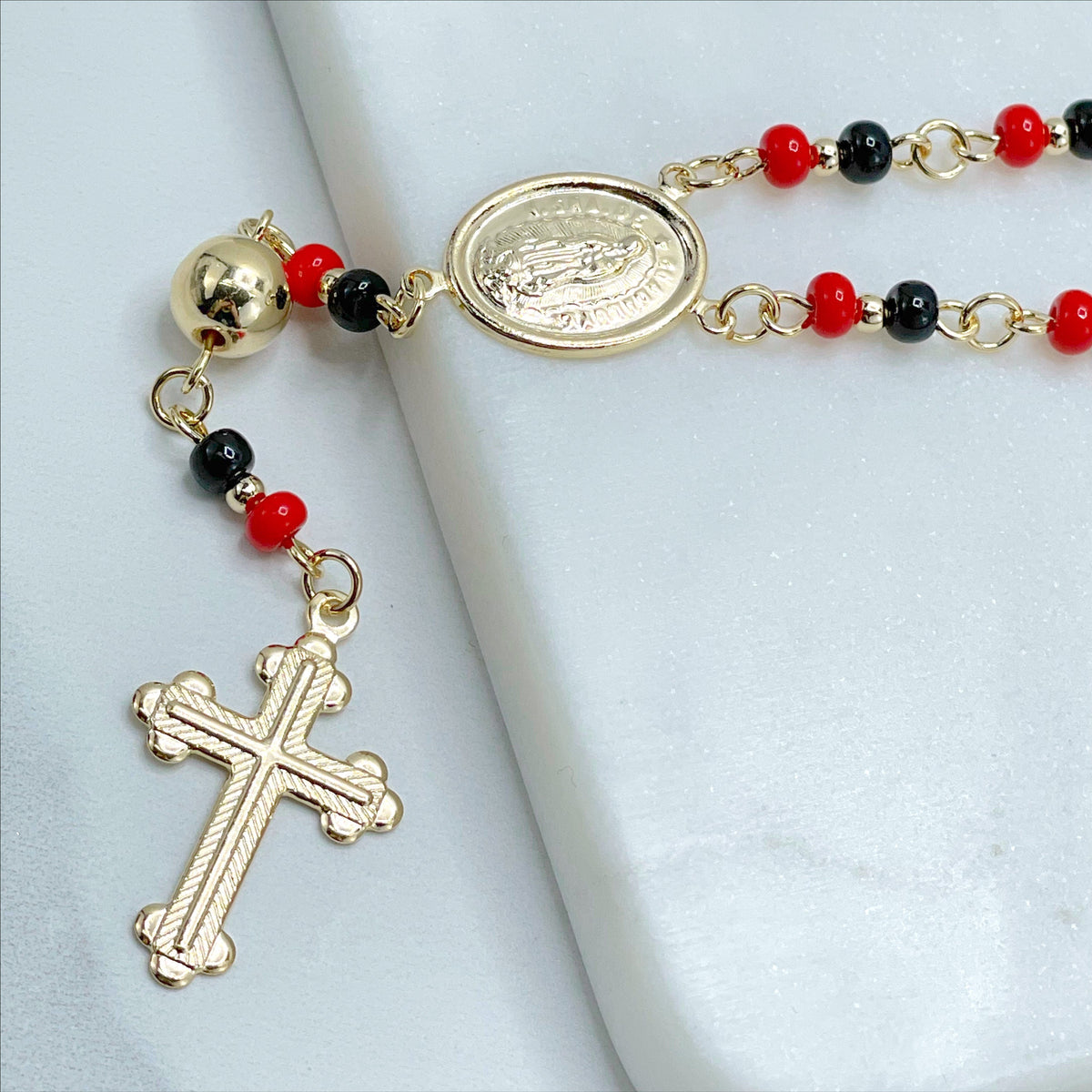 18k Gold Filled Black and Red Beads Simulated Azabache Guadalupe Virgin Beaded Rosary Necklace Religious Wholesale Jewelry