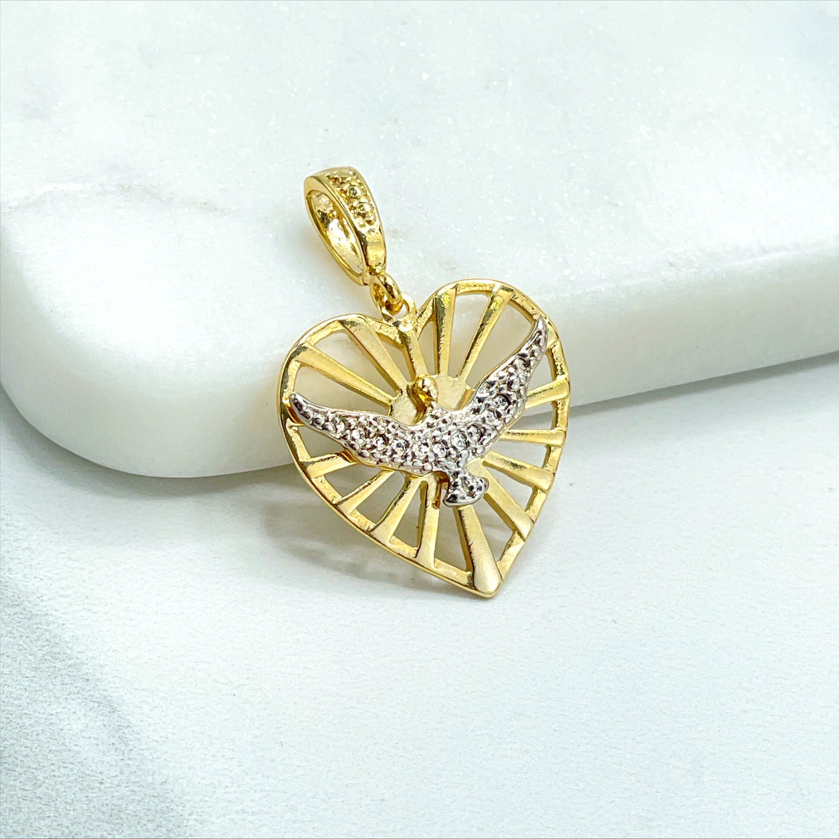 18k Gold Filled, Heart, Silver Peace Bird, Pendant Charms, Wholesale Jewelry Making Supplies