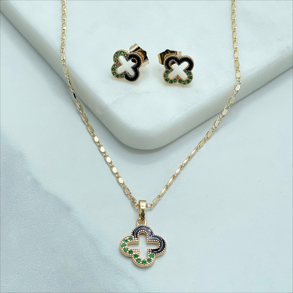 18k Gold Filled with Green Micro Cubic, Black, 1.5mm Mariner Link Chain, 25mm Clover Necklace or Earrings Set Wholesale Jewelry Supplies