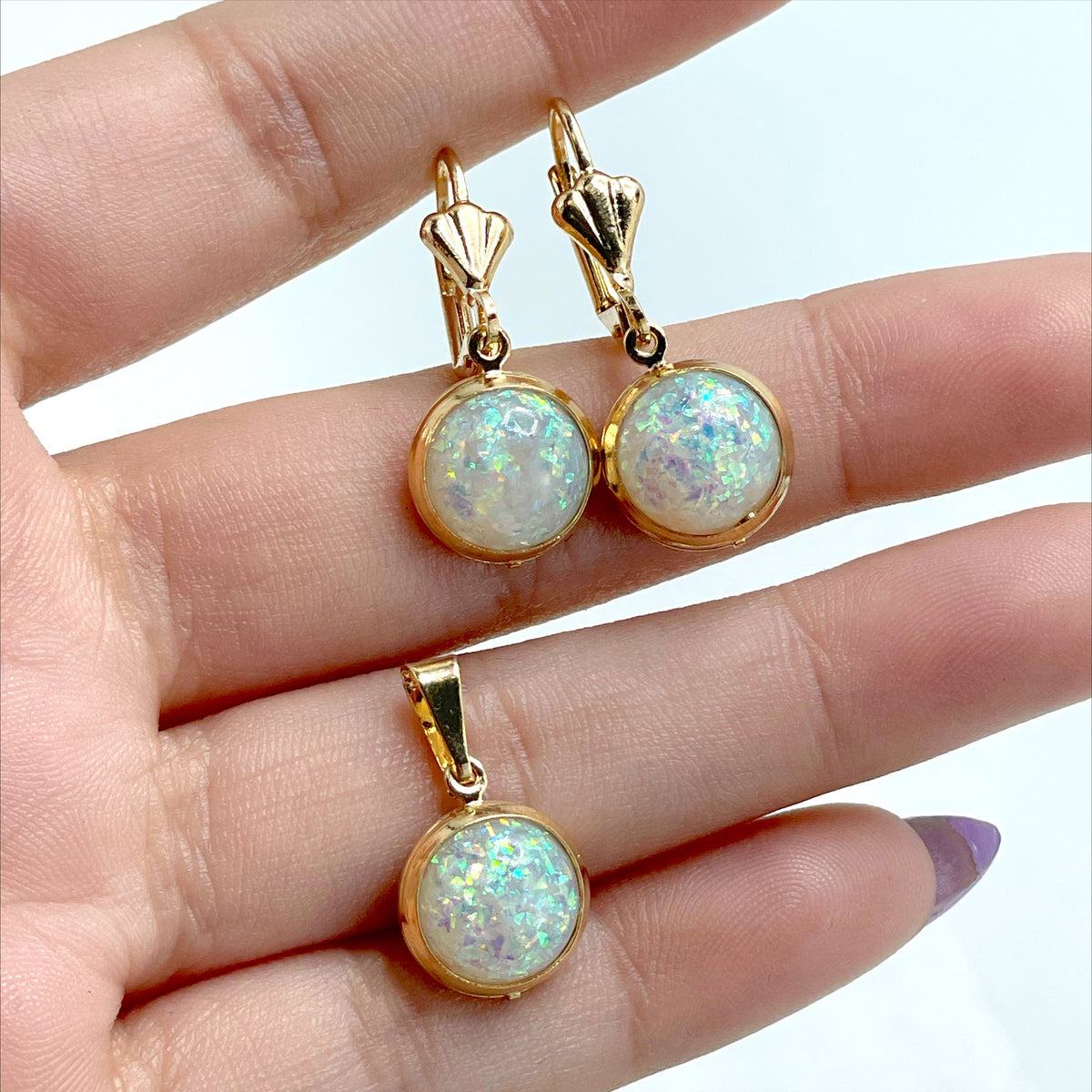 18k Gold Filled Round Cut Fire Opal Creole Drop Earrings and Pendant Set Wholesale Jewelry Supplies