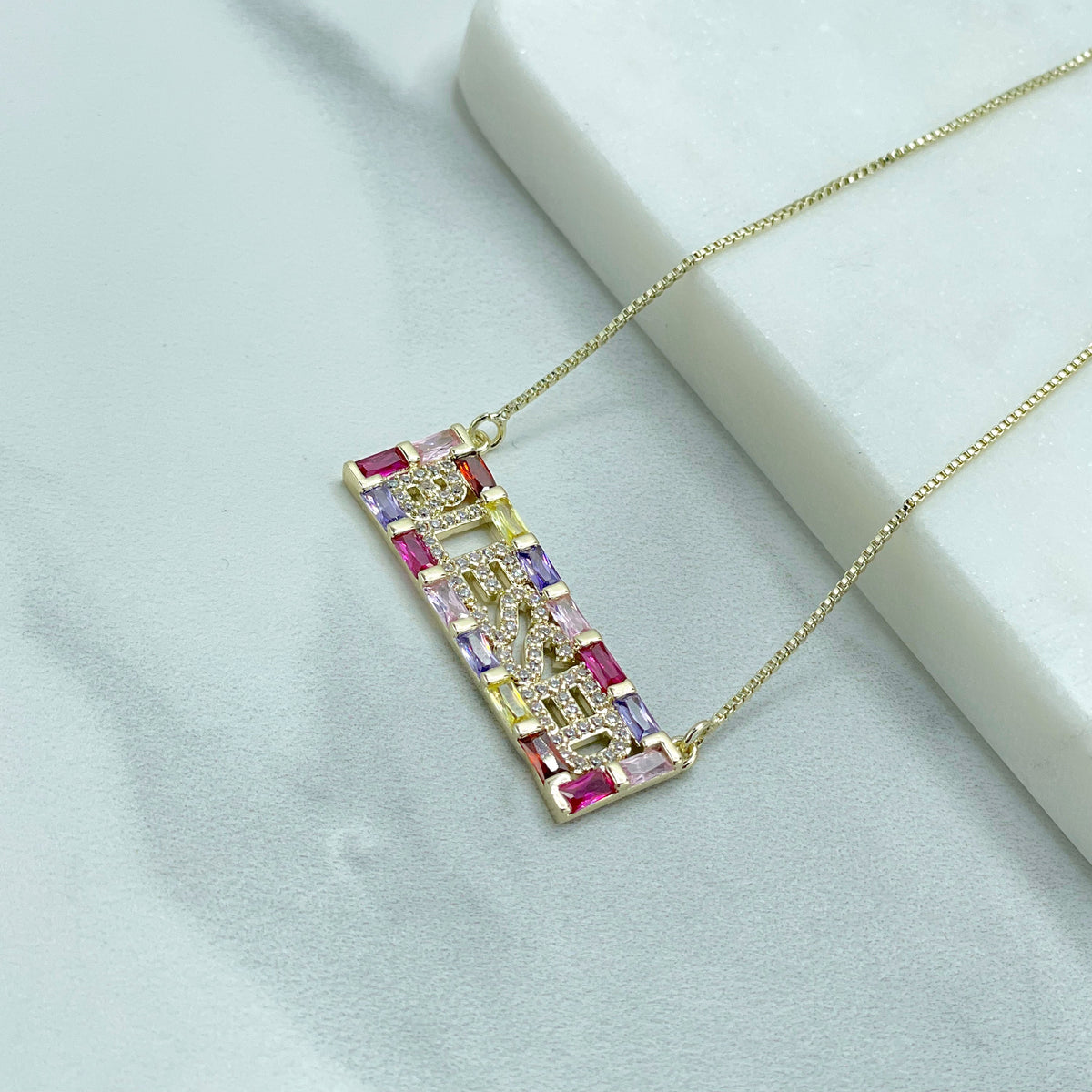 18k Gold Filled Fancy Box Chain, '' Blessed '' Word, Colored Cubic Zirconia, Necklace, Wholesale Jewelry Supplies