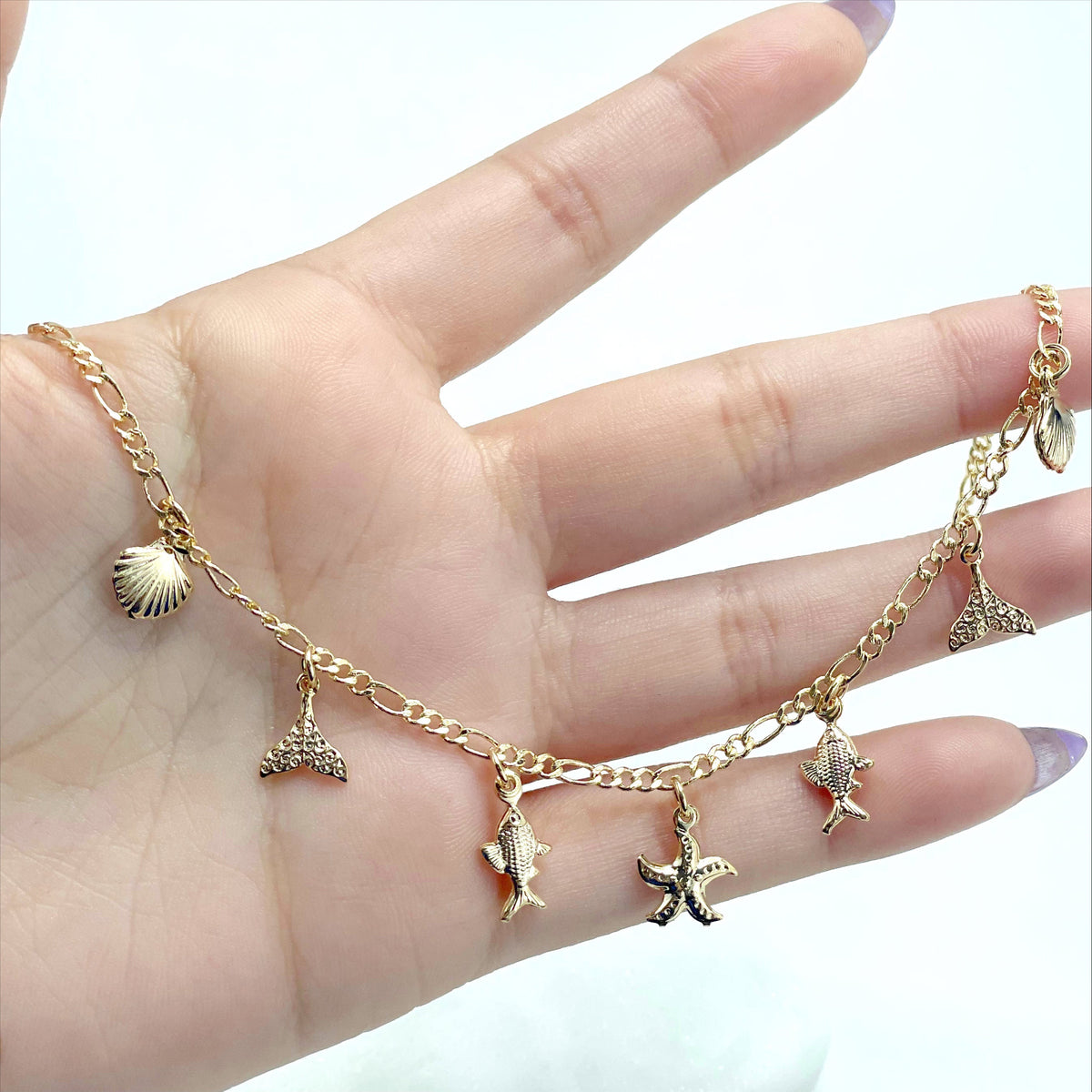 18k Gold Filled 2.4mm Figaro Link Chain, Sea Theme Charms, Starfish, Whale Tale, Fish, Shell, Anklet Wholesale Jewelry Making Supplies