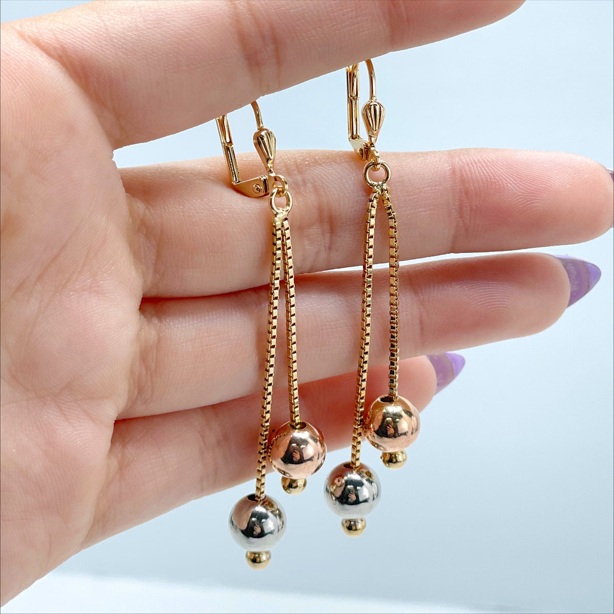 18k Gold Filled 1.2mm Box Chain Three Tone Adjustable 30 inches Necklace Two Tone Balls, Earrings, Set Wholesale Jewelry Making Supplies