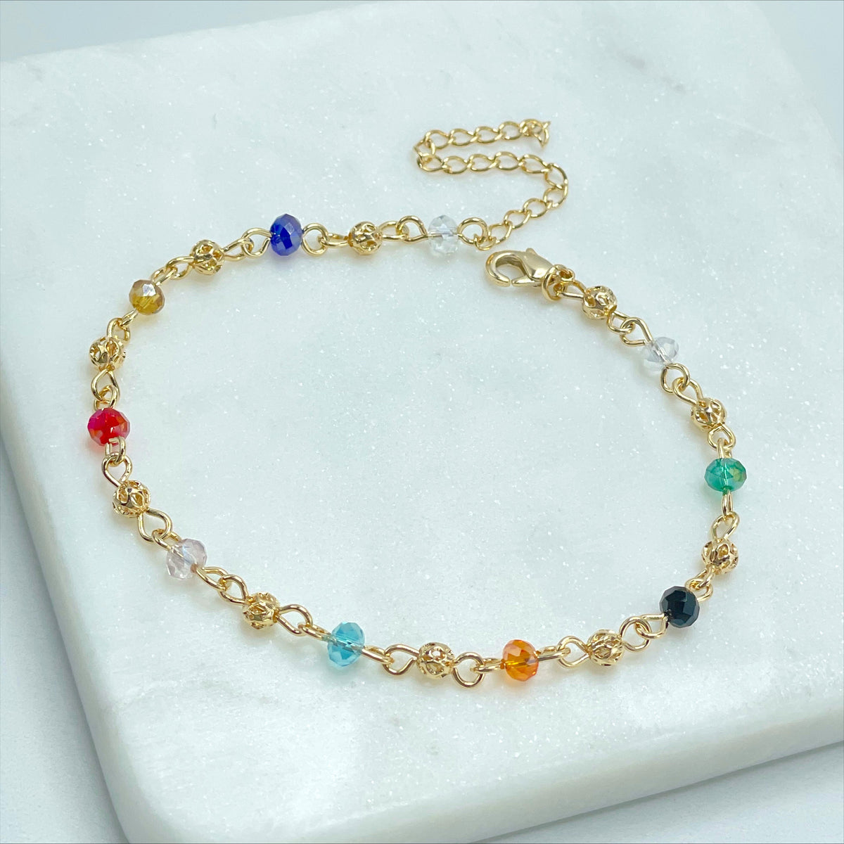 18k Gold Filled 3mm Colored Acrylic and Gold Beads Linked Bracelet with extender, Wholesale Jewelry Making Supplies