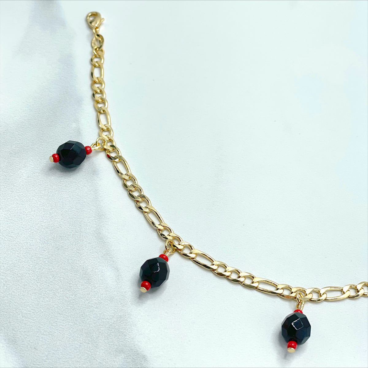 18k Gold Filled Figaro Link 5mm, Black and Red Beads, Tornasol, Litmus Bracelet, Lucky & Protection, Wholesale Jewelry Making Supplies
