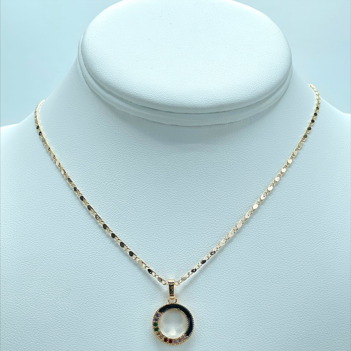 18k Gold Filled 1.5mm Mariner Link Chain with Colored Cubic Zirconia & Black Enamel Charms Necklace and Earrings Set, Wholesale Jewelry