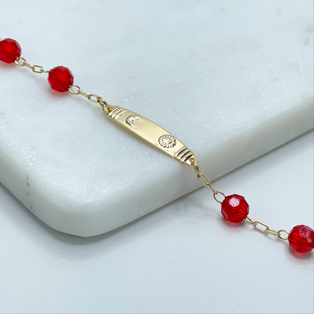 18k Gold Filled 2mm Paperclip Link ID Moon and Sun, Red Beads, Kids Bracelet Wholesale Jewelry Making Supplies