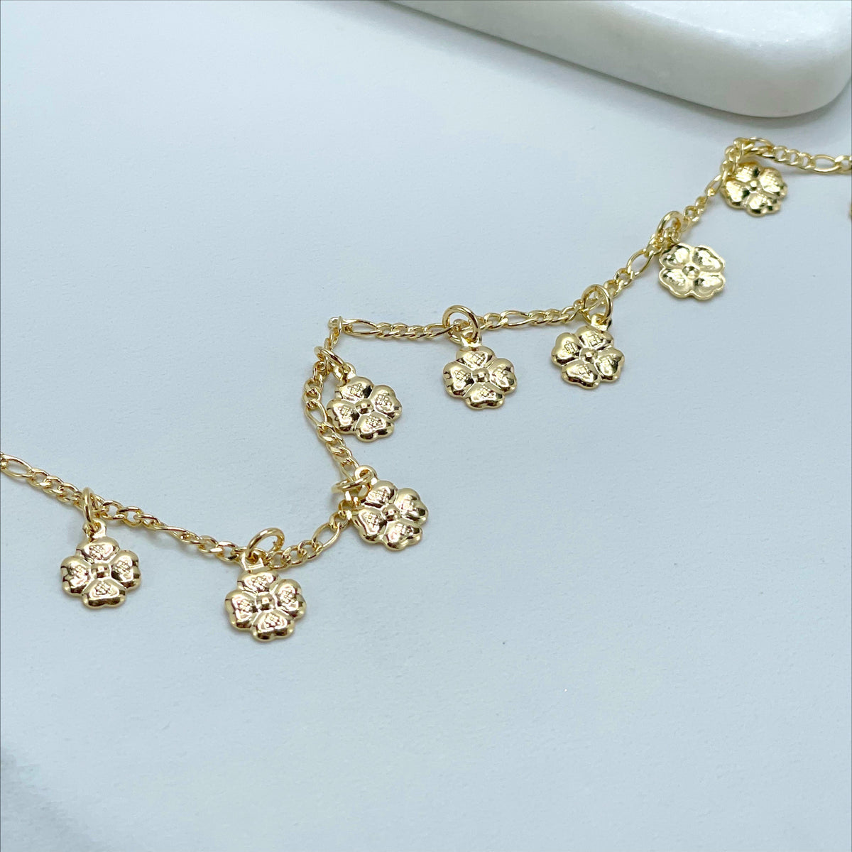 18k Gold Filled 2mm Figaro Link, Flowers Charms Anklet Wholesale Jewelry Supplies