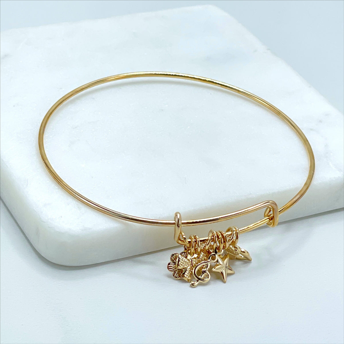18k Gold Filled with C Zirconia, Flower, Heart, Ribbon, Music Sign, Lips, Butterfly, Star Charms, Bangle Bracelet Wholesale Jewelry Supplies