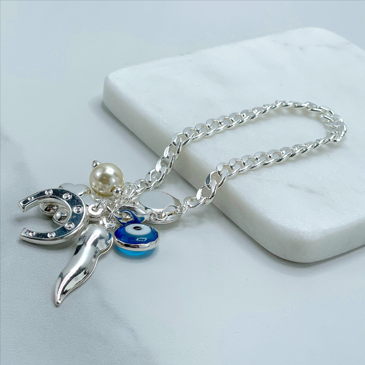 18k Silver Filled Curb Link Chain with Blue Greek Eyes, Horseshoe, Simulated Pearl, Circle and Travel Charms Bracelet, Wholesale Jewelry