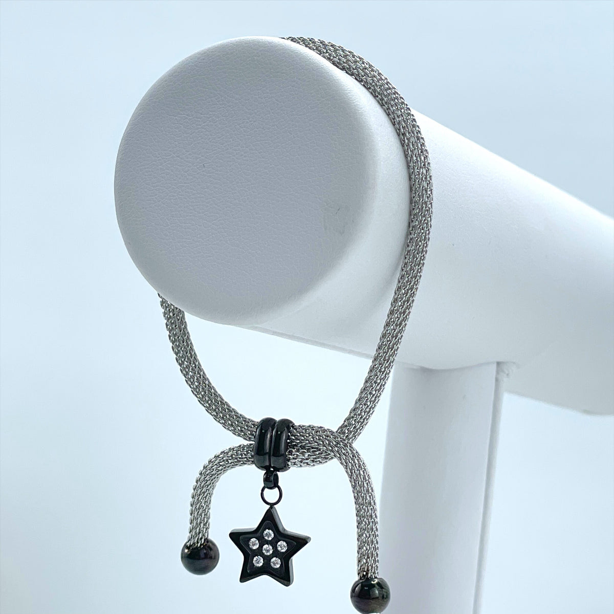 Rhodium Plated Spiral Link, with Micro Cubic Zirconia, Black Star Charm, Adjustable Bracelet, Wholesale Jewelry Supplies