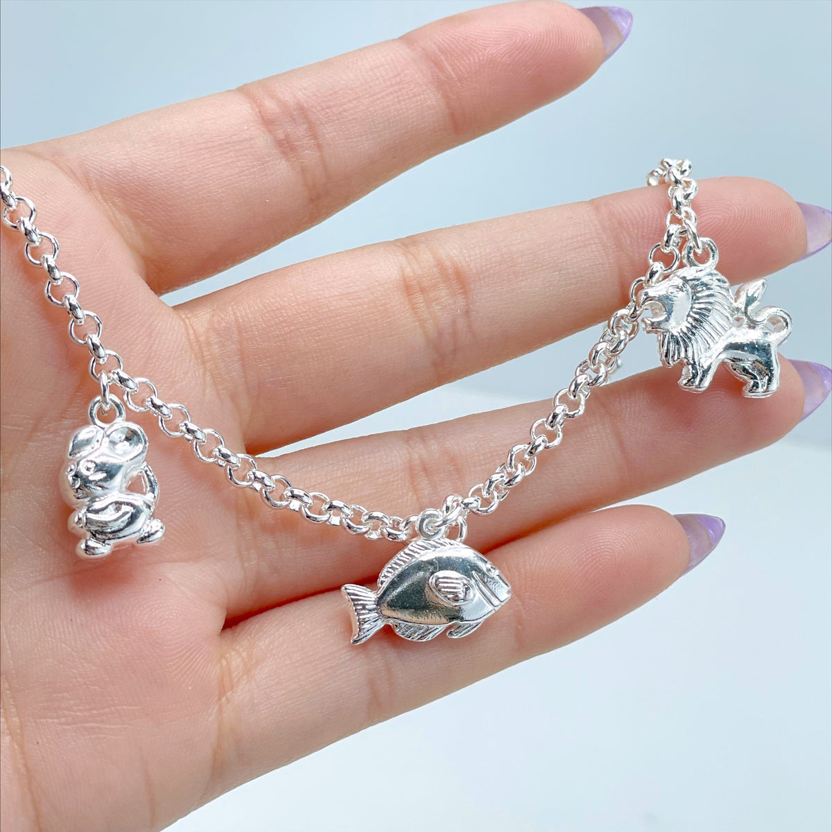 Silver Filled 3.5mm Rolo Link Chain with Leon, Fish and Mouse Charms, 7.5 inches for Kids Bracelet, Wholesale Jewelry Making Supplies