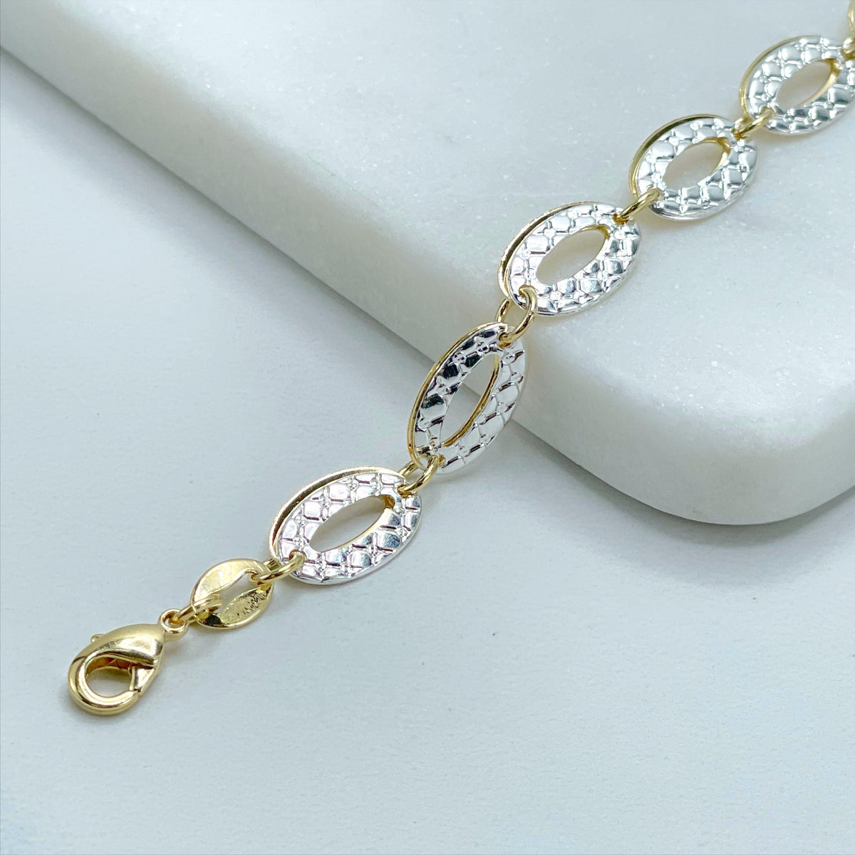 18k Gold Filled & Silver Filled, Two Tone, Two Side, Coffee Grain Shape, Bracelet with Extender, Wholesale Jewelry Making Supplies