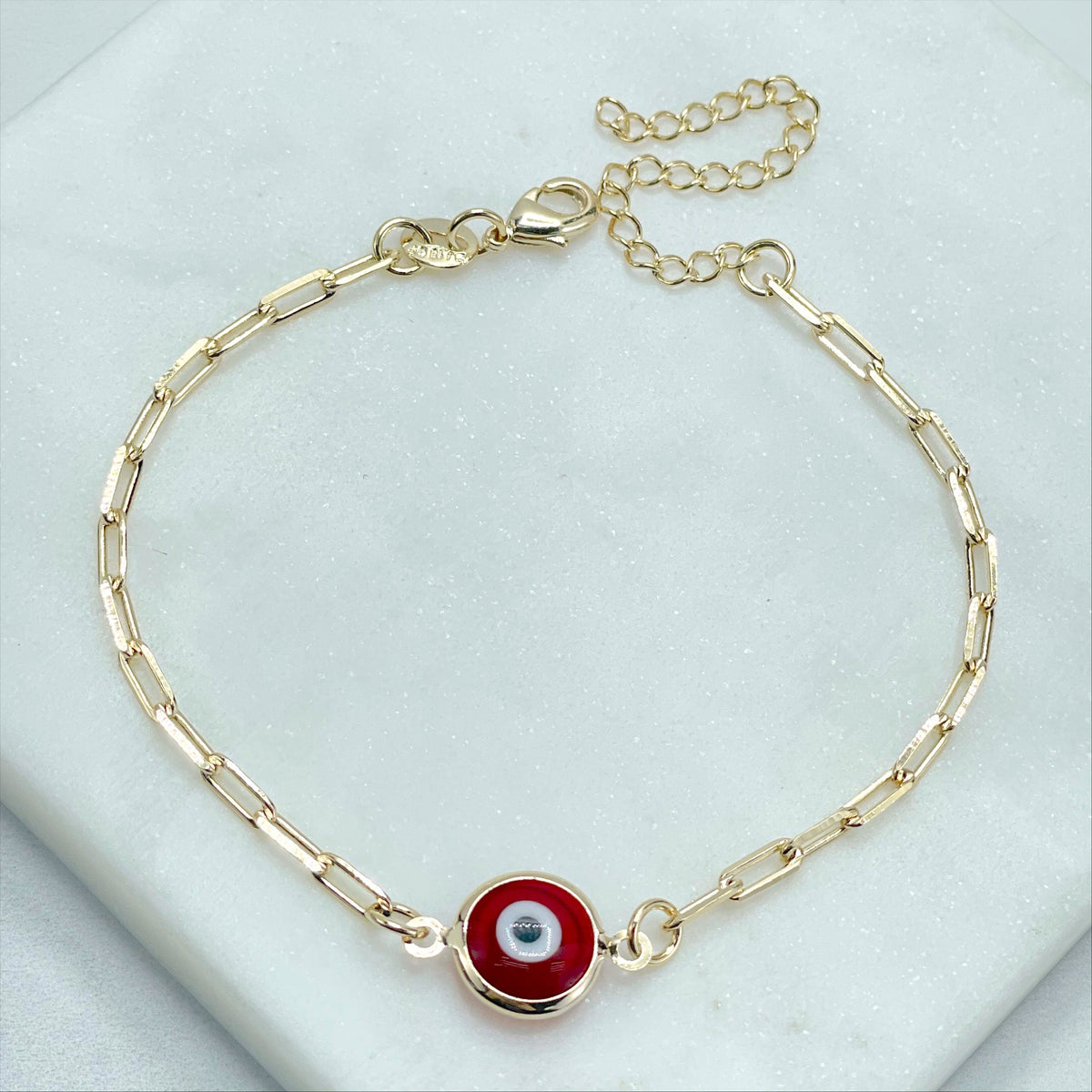 18k Gold Filled 3mm Paperclip Fancy Greek Red Eyes Bracelet, Earrings, Necklace, Set Wholesale Jewelry Supplies