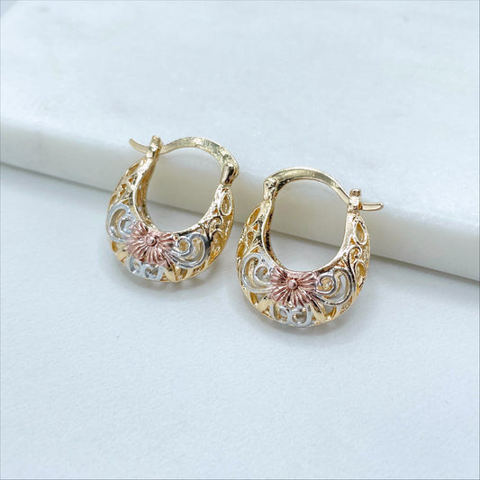 18k Gold Filled, Three Color, Rose Gold Flower 17mm Basket Earrings, 8mm Thickness, Wholesale Jewelry Making Supplies