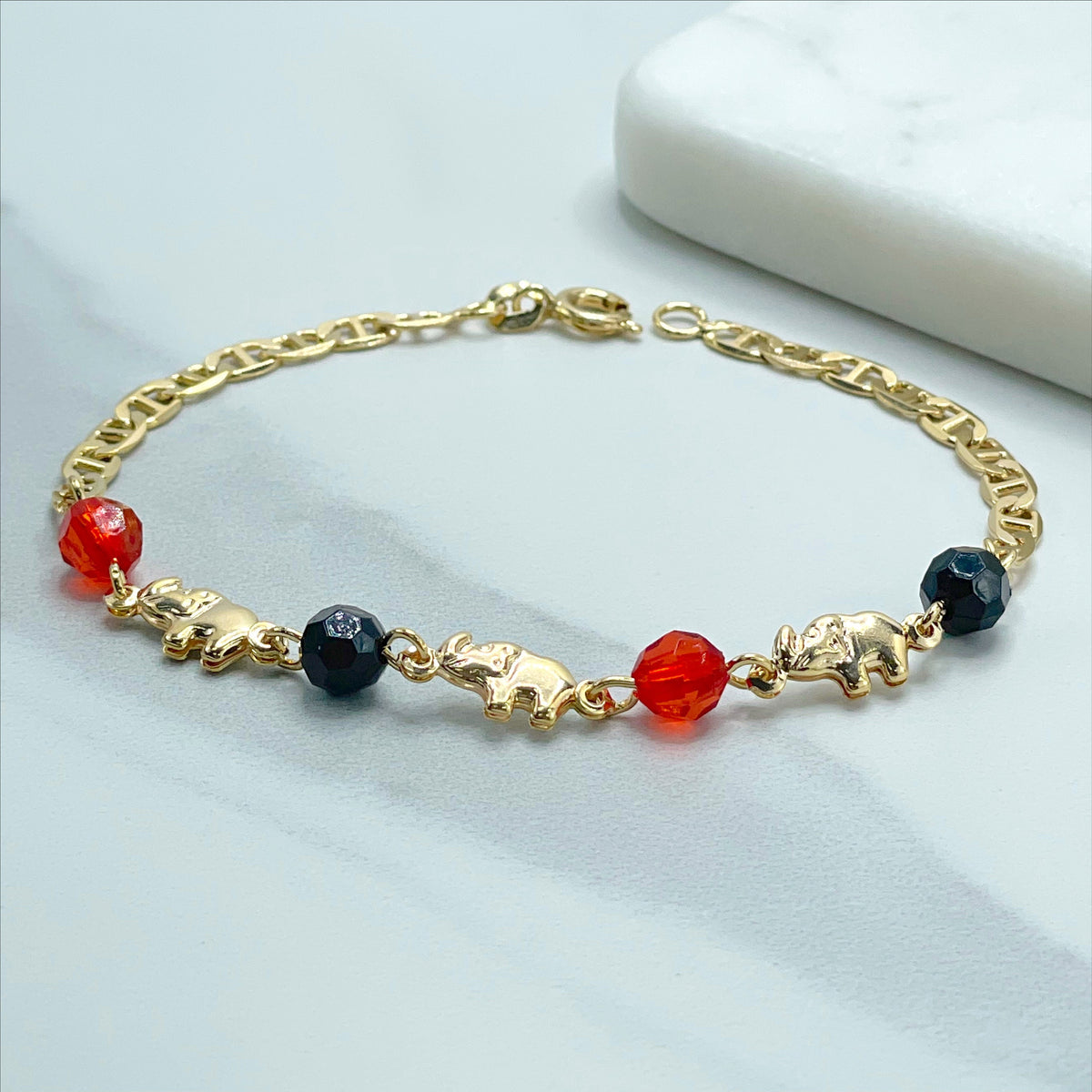 18k Gold Filled 4mm Mariner Link, Elephants, Red and Black, Charms Bracelet, Lucky & Protection, Wholesale Jewelry Supplies
