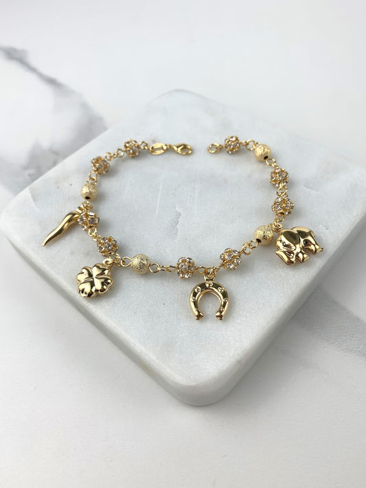 18k Gold Filled Fancy Lucky, Peace,Pearl Charms Bracelet Wholesale Jewelry Supplies