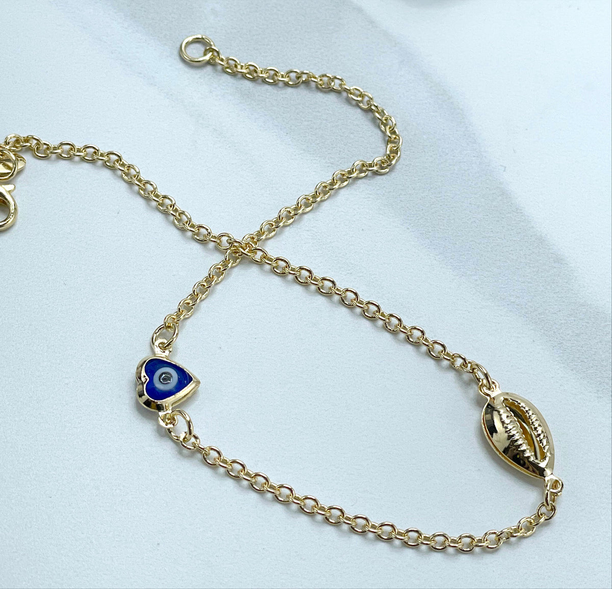 18k Gold Filled 2mm Rolo Link Chain with Snail & Blue Evil Eye Heart Shape Charms Linked Anklet, Wholesale Jewelry Making Supplies