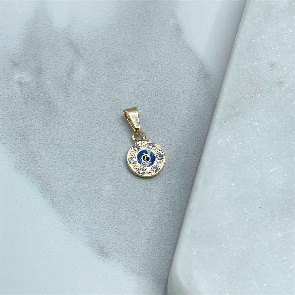 18k Gold Filled Clear Cubic Zirconia, Red, Dark Blue or Blue Evil Eye in Circle Small Charms Pendant, Wholesale Jewelry Making Supplies