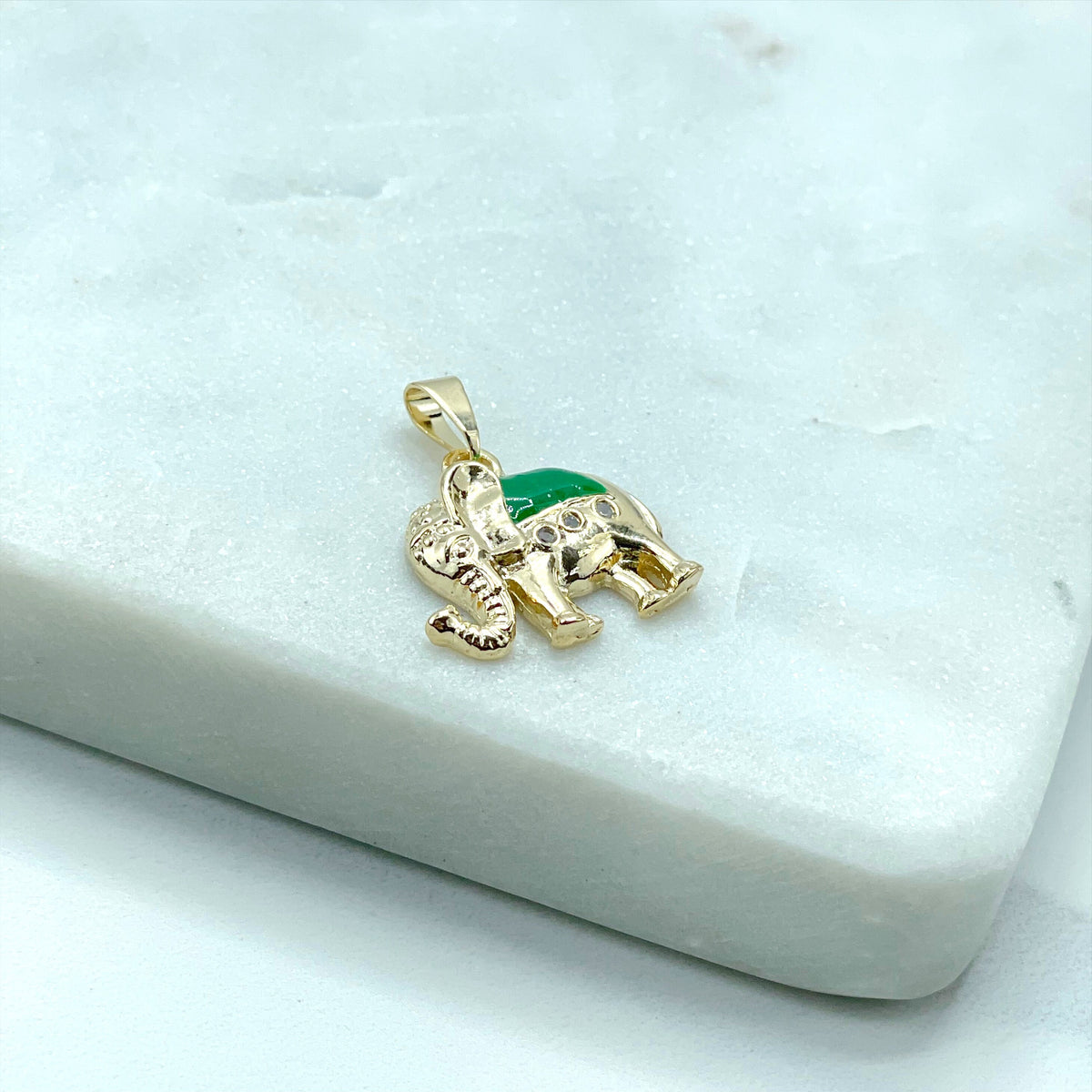18k Gold Filled Cubic Zirconia Details, Green Enamel Texturized Indian Elephant Shape Pendant Charms, Wholesale Jewelry Making Supplies