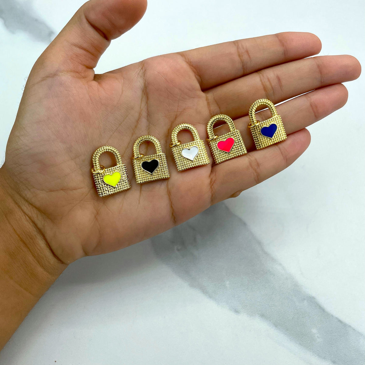 18k Gold Filled Texturized Padlock Shape Design with Colored Enamel Heart Charms Pendant, Wholesale Making Supplies