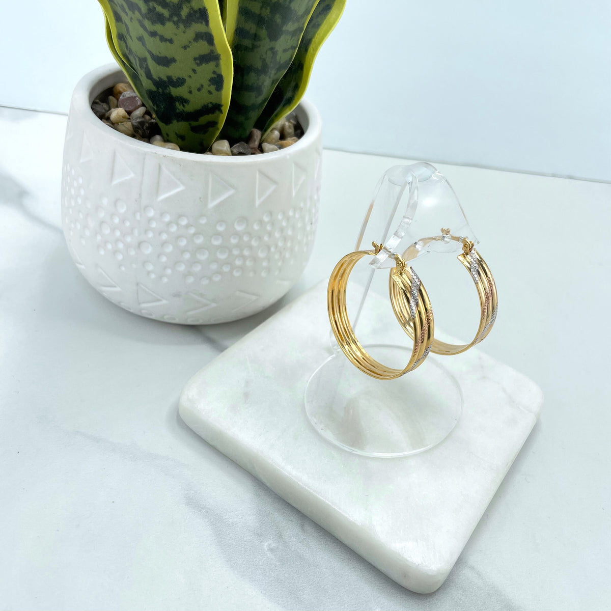 18k Gold Filled 39mm Tri-Tone, Tri-Color Flat & Texturized Diamond Cut Design Hoops Earrings, Wholesale Jewelry Making Supplies