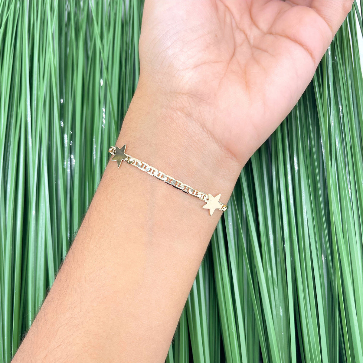 18k Gold Filled 3mm Mariner Link Chain Linked with 02 Gold Stars Bracelet, Wholesale Jewelry Making Supplies