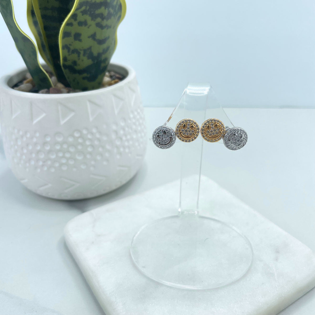 Silver Filled or 18k Gold Filled Micro Cubic Zirconia Smile Emoji, Happy Face Gold Stud Earrings, Wholesale Jewelry Making Supplies