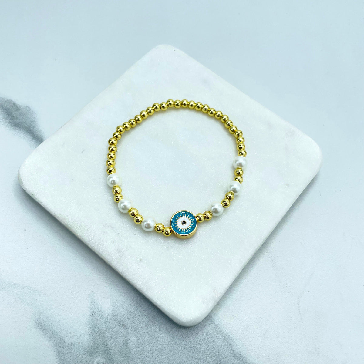 18k Gold Filled Simulated Pearl and Gold Beads Bracelet with Enamel Colored Round Shape Evil Eye Charm Wholesale Jewelry Making Supplies