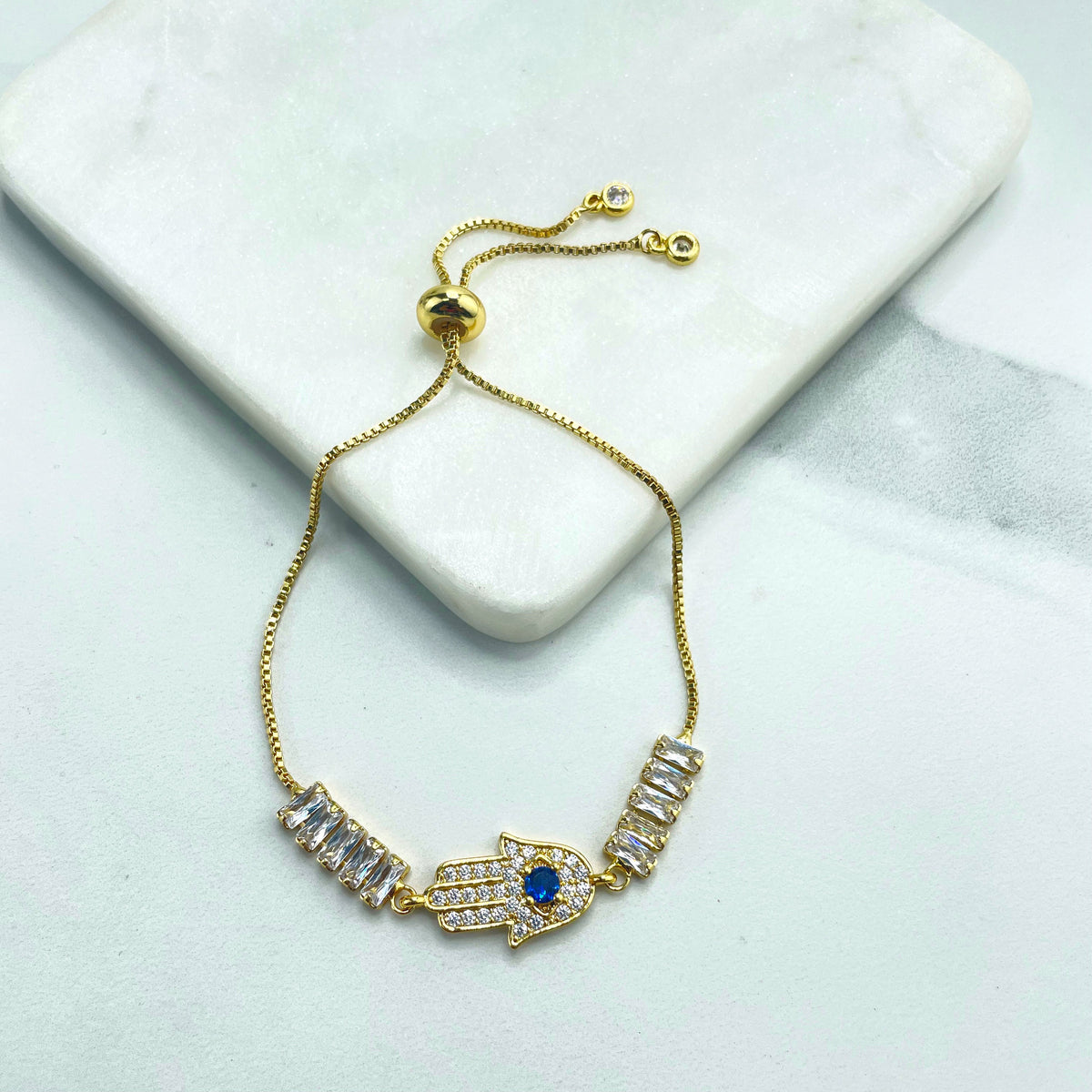18k Gold Filled Baguette Tennis Details Micro CZ Evil Eyes, Hamsa Hand or Colorful Stars Adjustable Bracelets, Wholesale Making Supplies