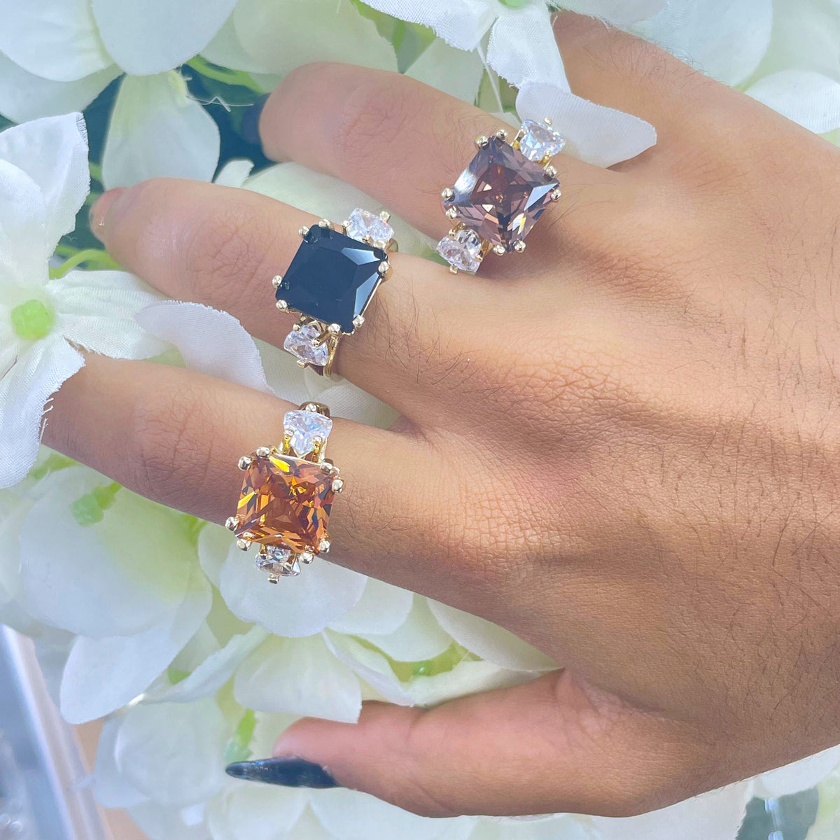 18k Gold Filled Clear & Colored Cubic Zirconia Square 3 Stones, Cocktail Ring Style, Wholesale Jewelry Making Supplies
