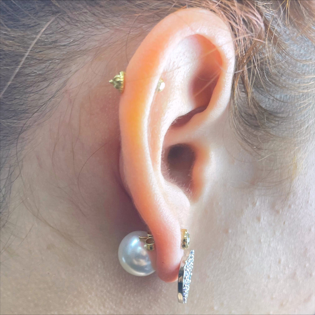 18k Gold Filled Clear & Blue CZ with Simulated Pearl, Heart Shape, Ear Jacket, Front Back Stud Earrings, Double Sided, Wholesale Jewelry