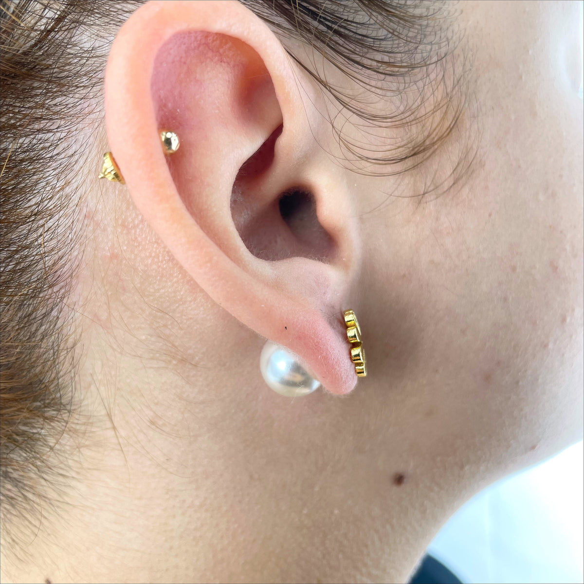 18k Gold Filled or Silver Filled, Clear CZ Flower Shape with Pearl, Ear Jacket, Front Back Stud Earrings, Double Sided Wholesale Jewelry
