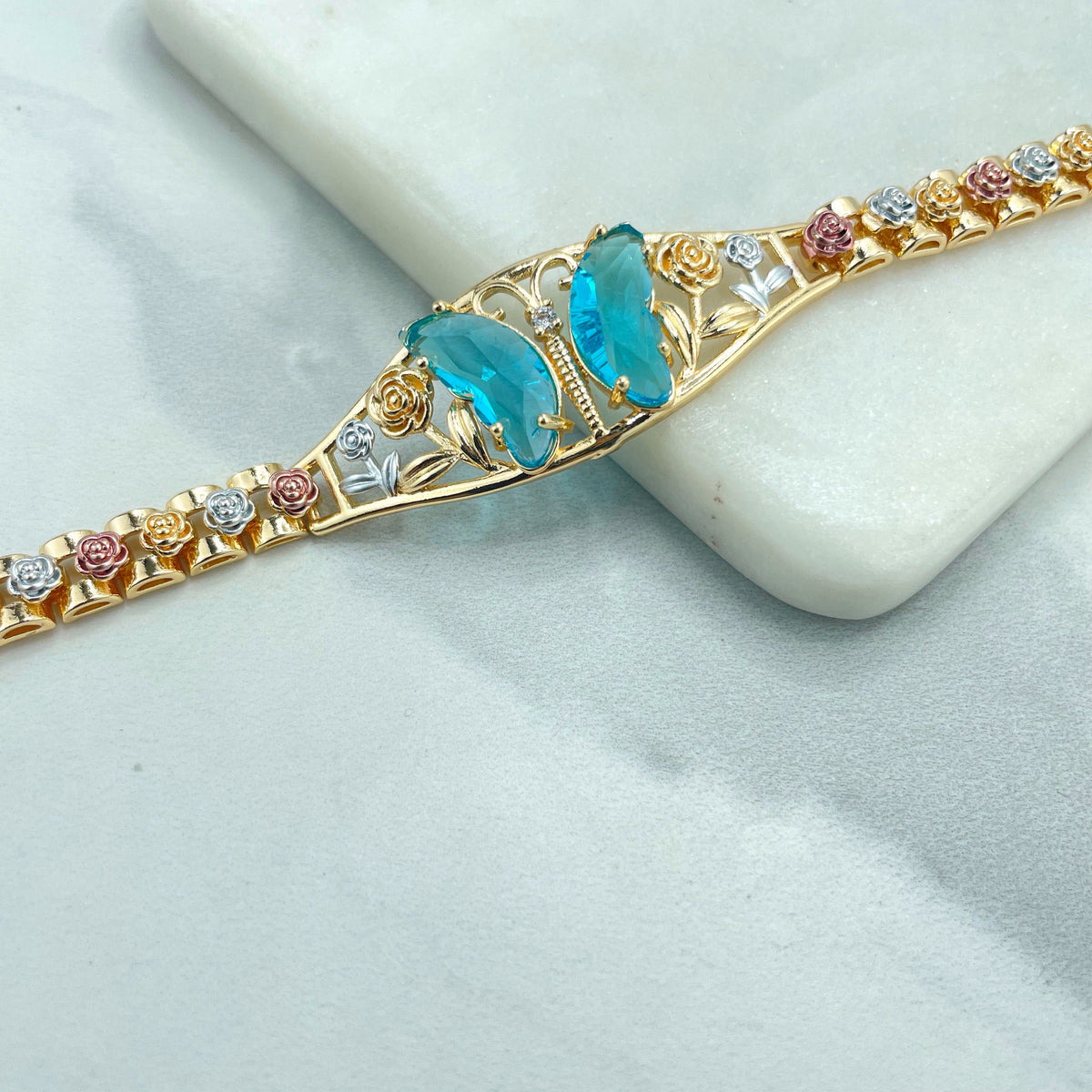 18k Gold Filled Three Tone Rose Flowers, Old Pink or Red Zirconia Butterfly, Bracelet, Wholesale and Jewelry Supplies