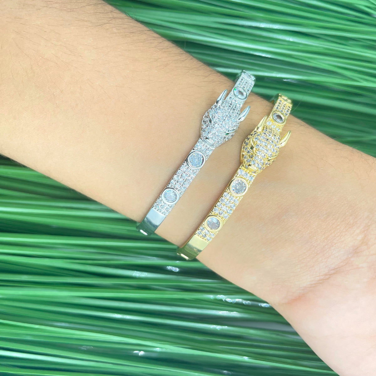 Silver Filled or 18k Gold Filled Clear Cubic Zirconia Panther Tiger Head & CZ Green Eyes Bangle Bracelet, Wholesale Jewelry Making Supplies