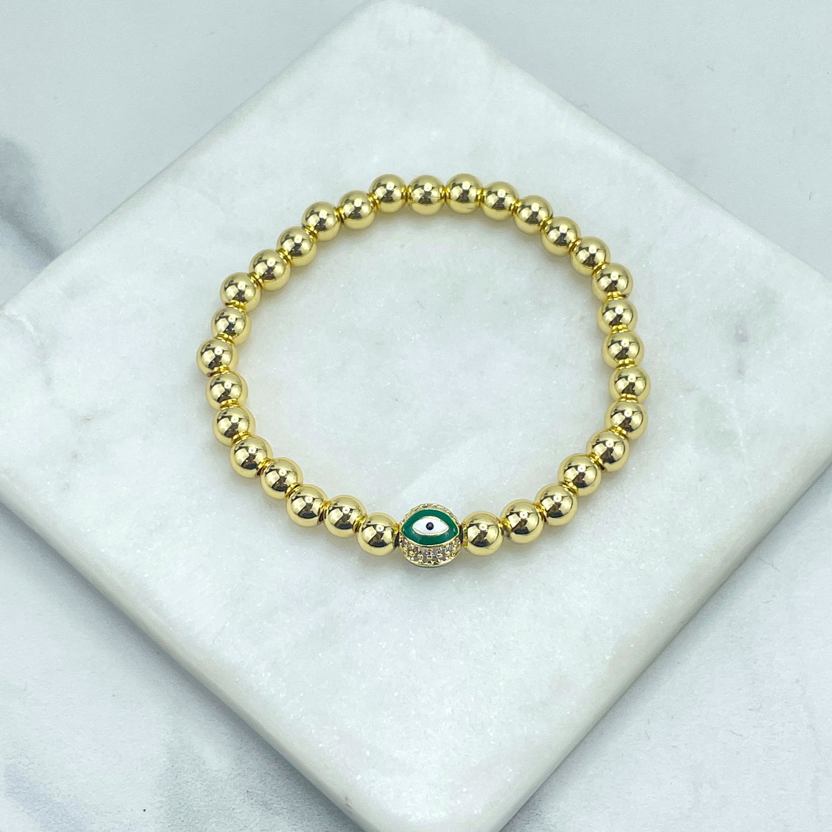 18k Gold Filled Cubic Zirconia Details Toped on Red, Green or Black Enamel Evil Eye Charm, Beaded Bracelet Wholesale Jewelry Supplies