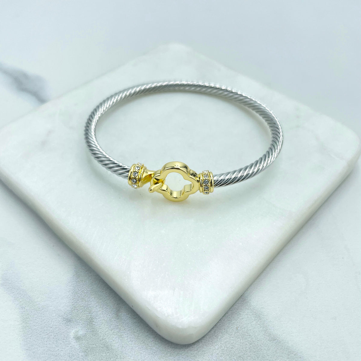 18k Gold Filled and Silver Filled Cable Cuff Bracelets, Gold Clover, Zirconia Cross or Cord, Wholesale Jewelry Making Supplies