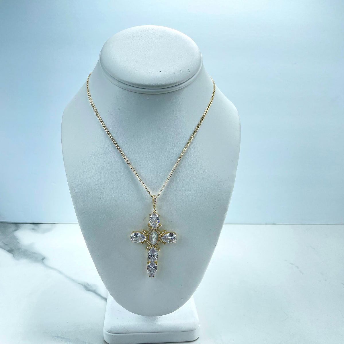 18k Gold Filled Clear CZ & Madre of Pearl Virgen de Guadalupe, Our Lady of Guadalupe Cross Curb Link Chain Necklace, Wholesale Jewelry