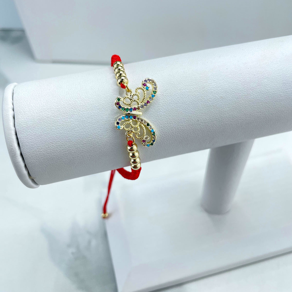 18k Gold Filled Colored Cubic Zirconia Butterfly Charms with Gold Beads, Adjustable Red Bracelet, Wholesale Jewelry Making Supplies