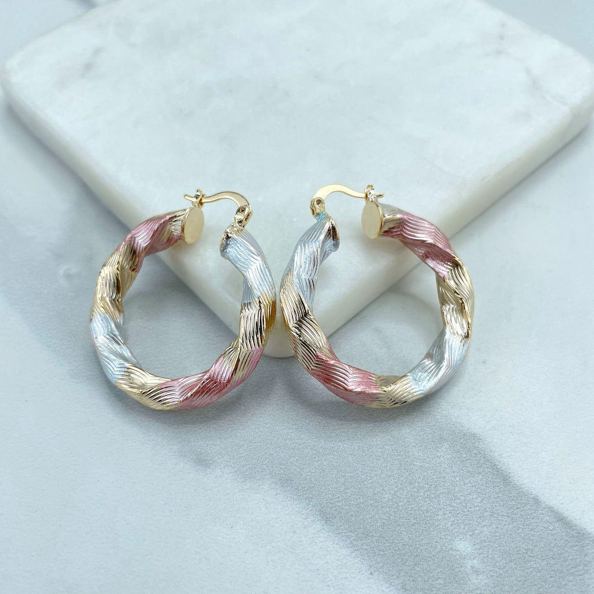 18k Gold Filled 35mm or 45mm Tri-Tone, Tri-Color, Gold Silver Pink, Twisted Design Hoops Earrings, Wholesale Jewelry Making Supplies