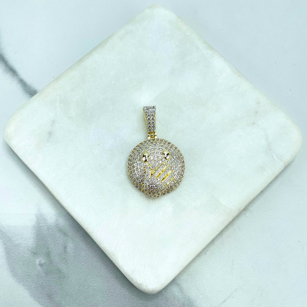 18k Gold Filled Micro CZ Emoji Face Symbol, Face with Open Eyes and Hand Over Mouth, Shock or Surprise, Wholesale Jewelry Making Supplies