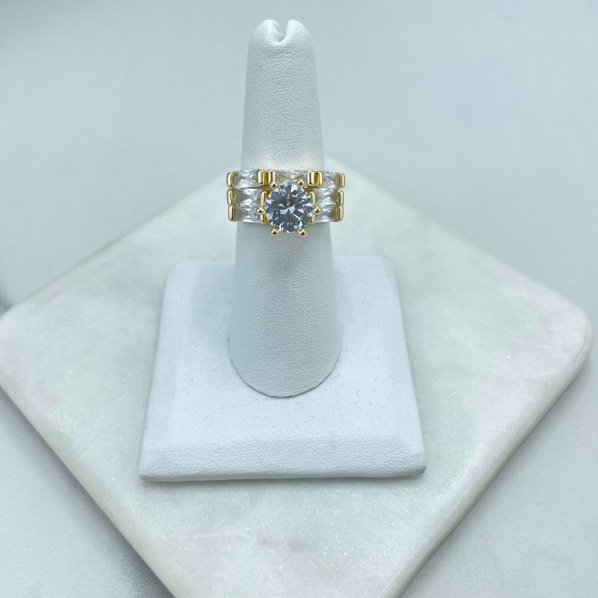 18k Gold Filled Clear Zirconia & Clear Baguettes Engagement Ring, Wedding Ring, Wholesale Jewelry Making Supplies