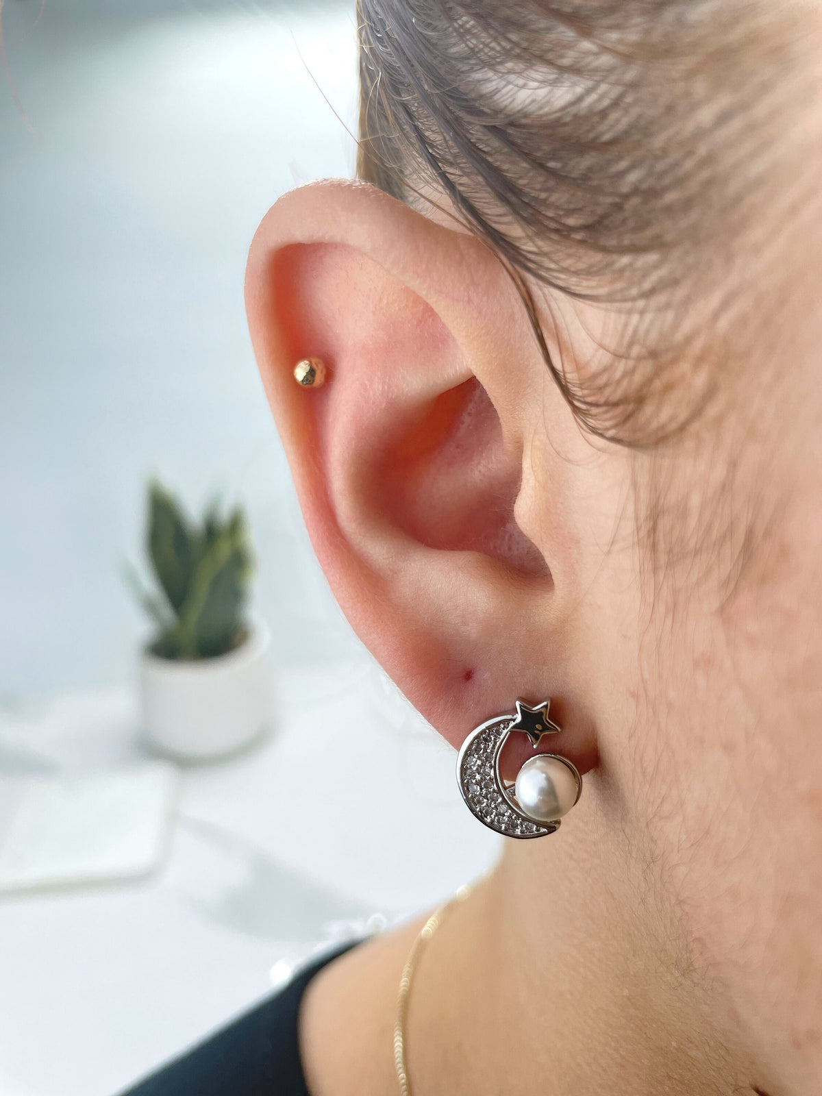 Silver Filled or 18k Gold Filled Cubic Zirconia Moon Star Shape with Simulated Peal Detail, Stud Earrings, Wholesale Jewelry Making Supplies