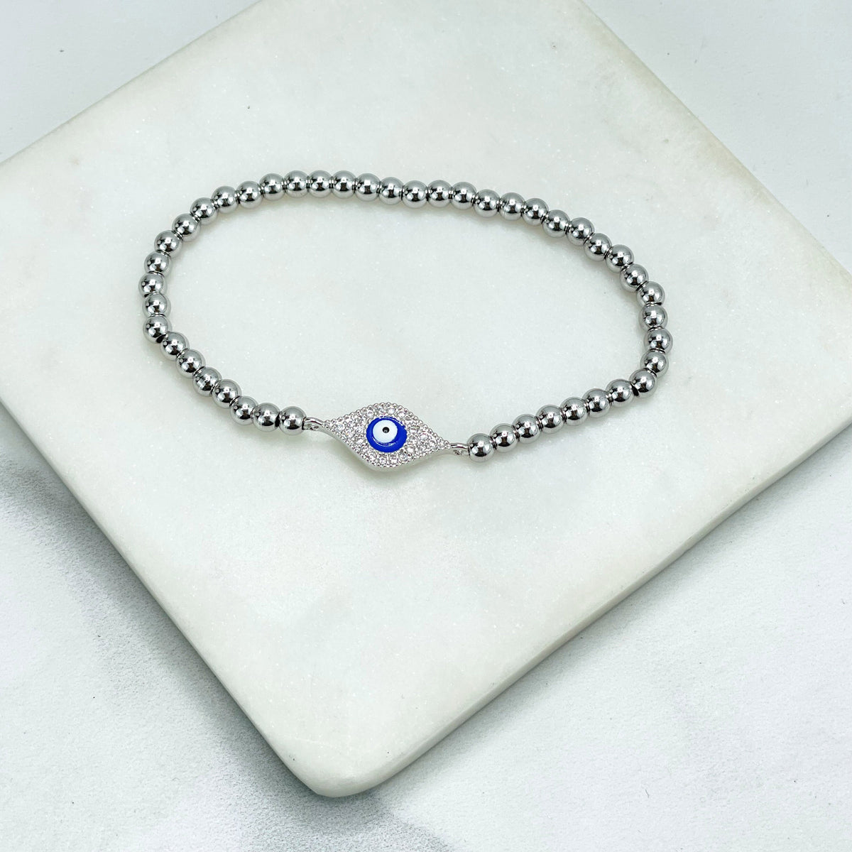 18k Gold Filled or Silver Filled Blue Enamel & Micro CZ Evil Eye Shape Charm, Beaded Fancy Fashion Bracelet, Wholesale Jewelry Supplies