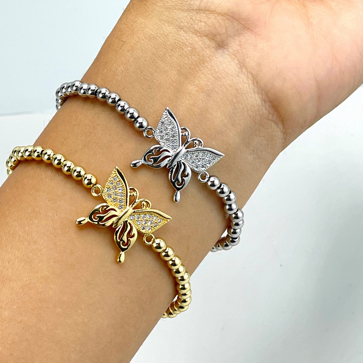 18k Gold Filled or Silver Filled Cubic Zirconia Detail in Cutout Butterfly Charm Beaded Bracelet, Wholesale Jewelry Making Supplies