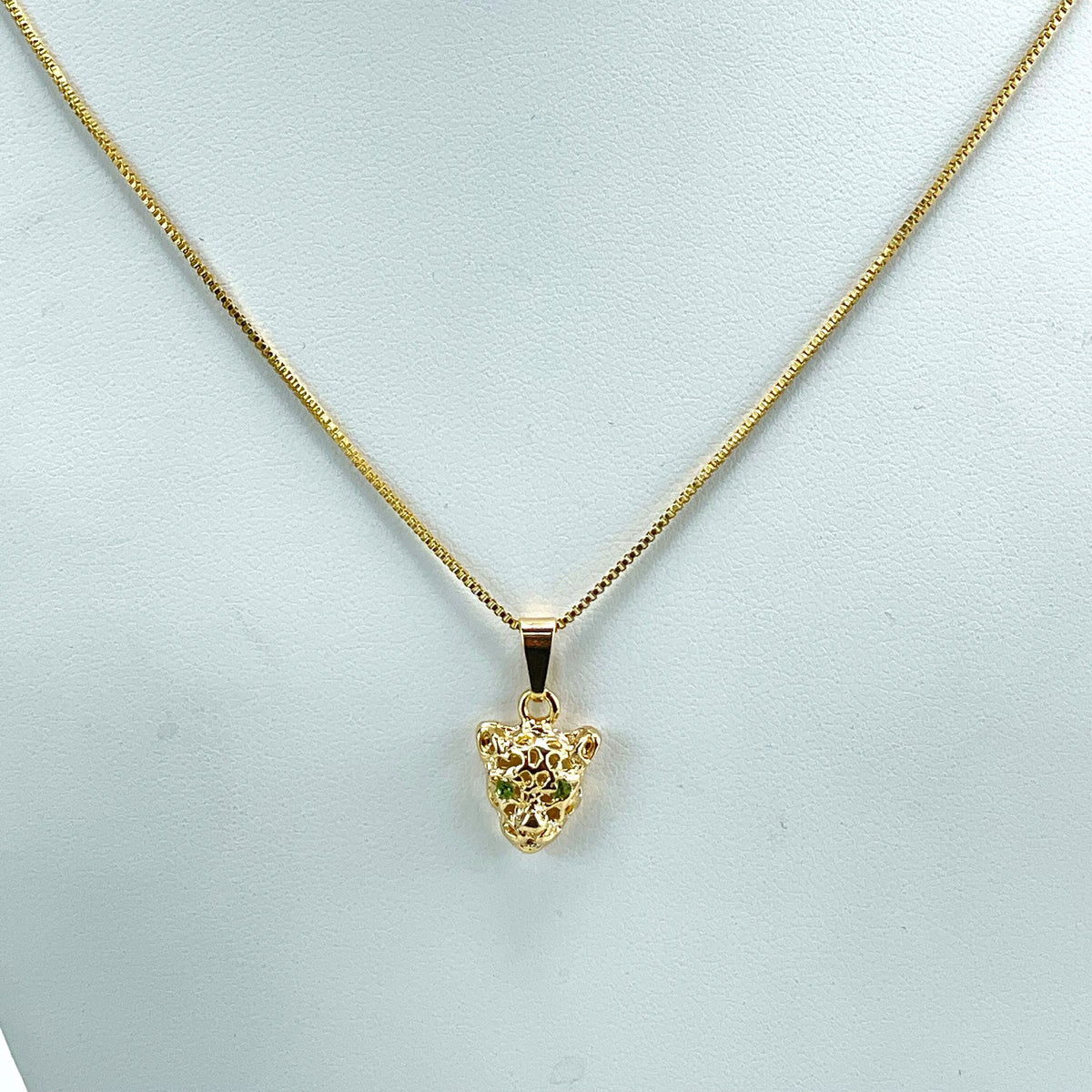 18k Gold Filled Green Cubic Zirconia Eyes Panther Tiger Puffed Cutout Head Charm, Necklace & Earrings Set, Wholesale Jewelry Making Supplies